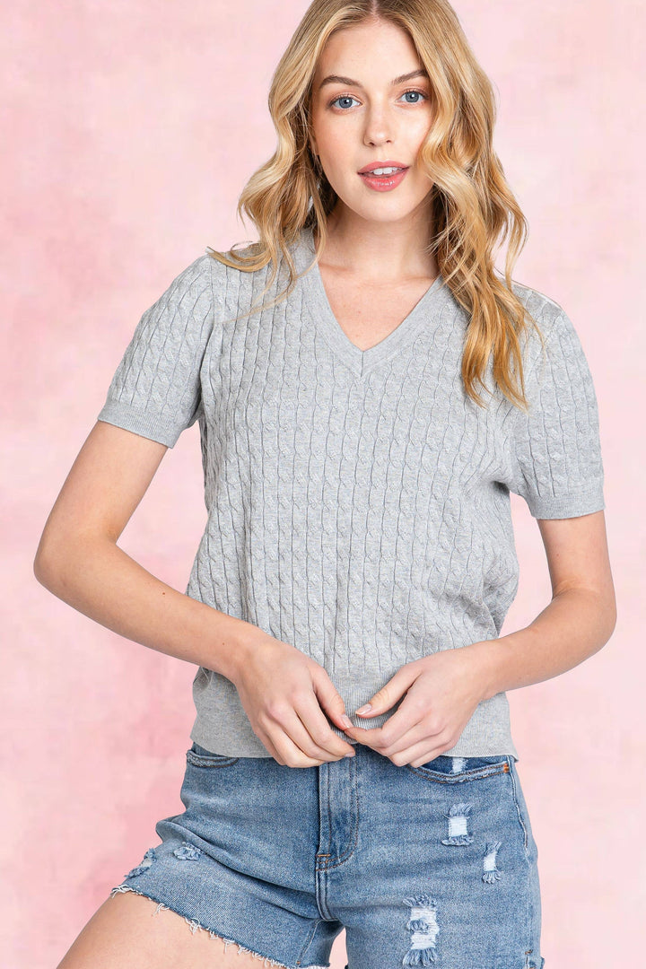 Cozy Vibes Cable Sweater Top - Grey