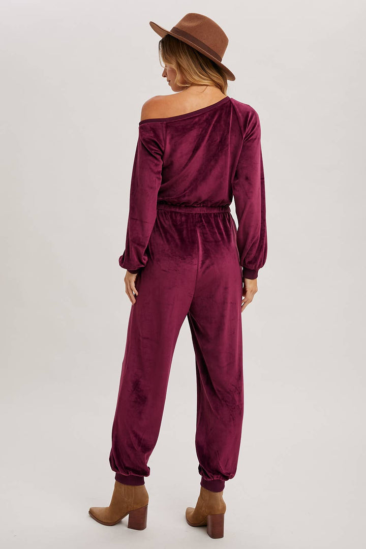 VELVET ONE SHOULDER BOAT NECK JUMPSUIT