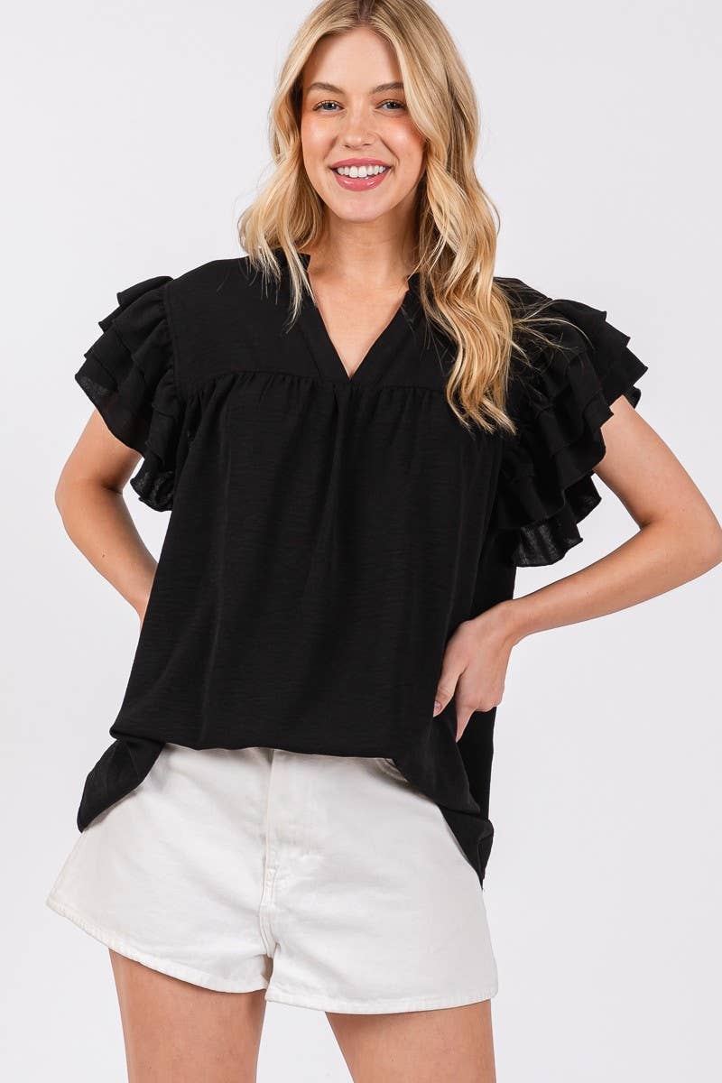 AIRFLOW OVERSIZED RUFFLE SLEEVE BLOUSE - BURGUNDY