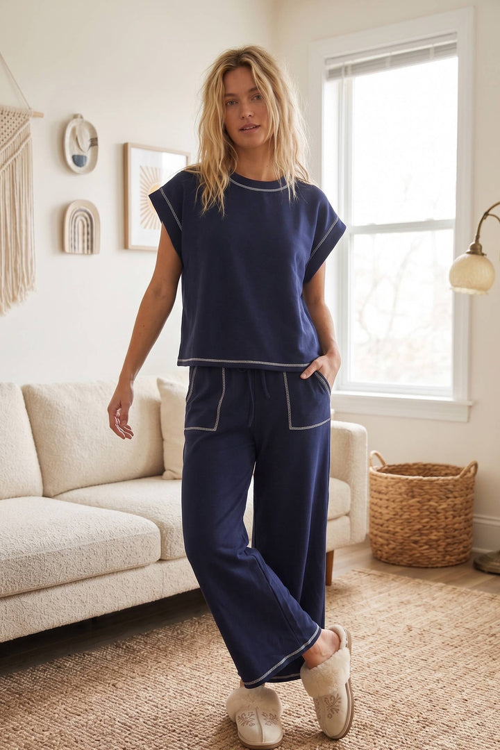 Scuba Contrast Stitch Lounge Set - Black