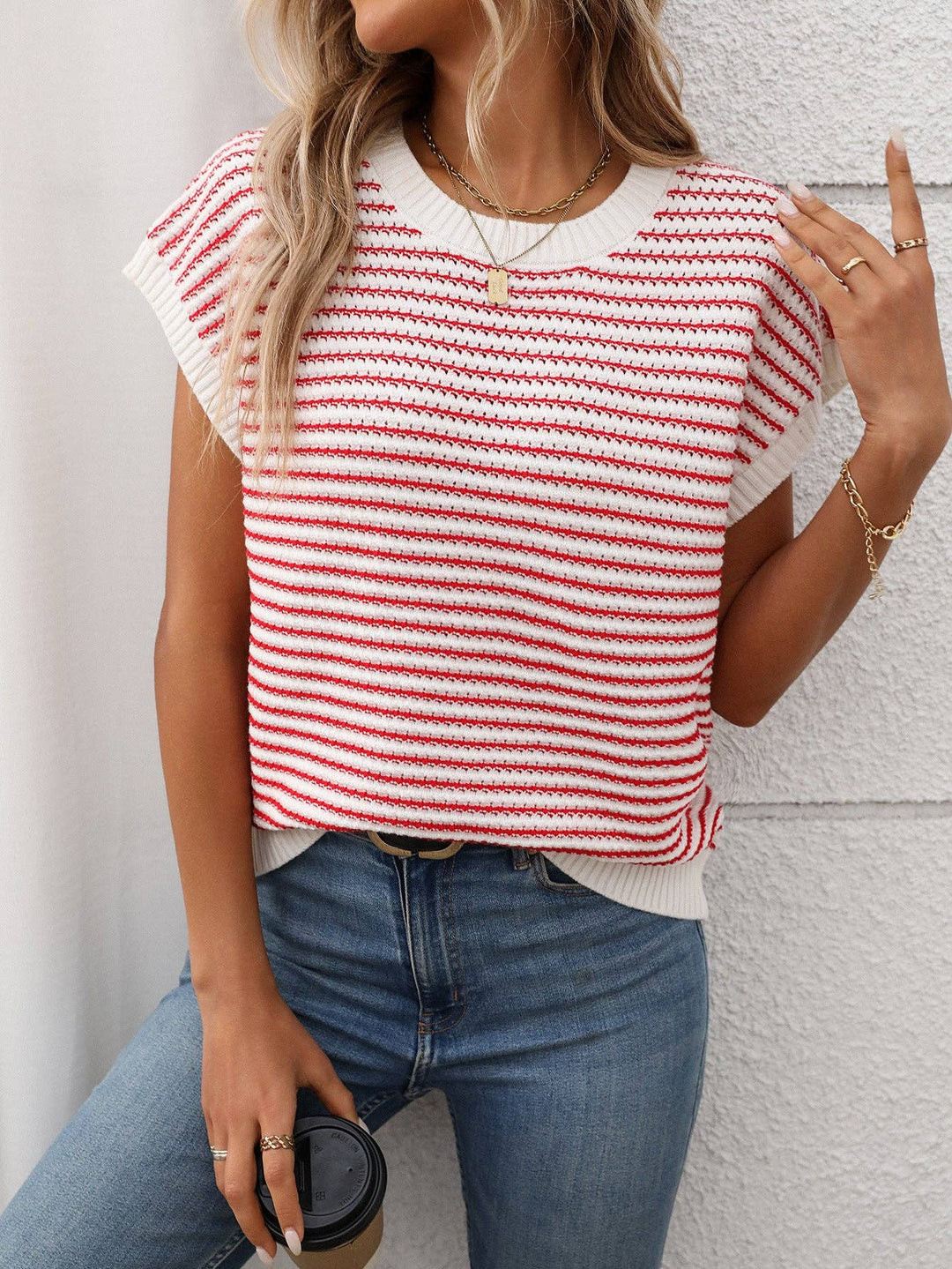 Crew Neck Knit Top Casual Stripe Color Clash Sweater - Black & White