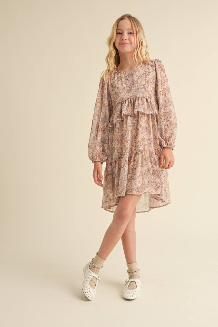 GIRLS LAYERED HI LOW FLORAL MIDI DRESS