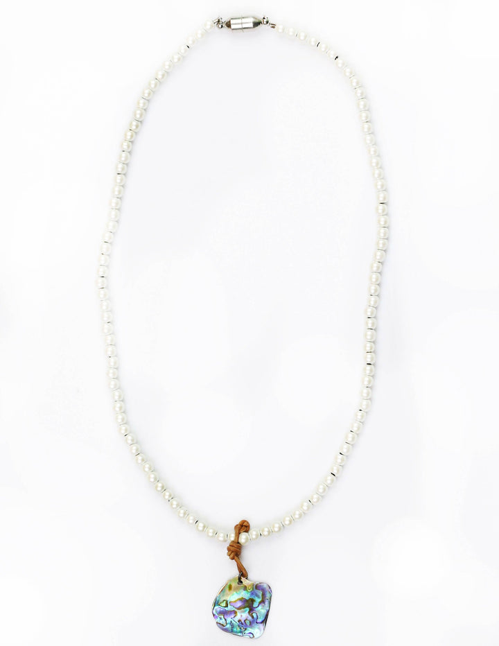 Abalone shell, leather & white magnetic hematite necklace