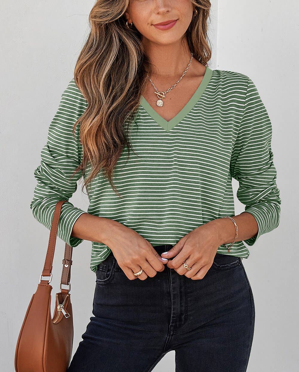 Green Stripe V Neck Stretchy Long Sleeve Top