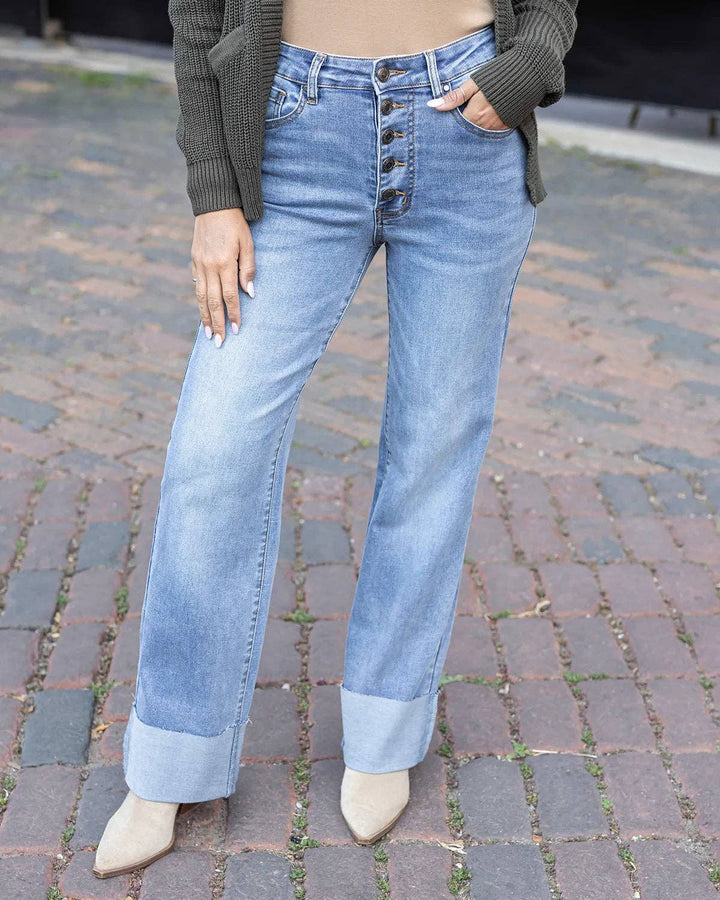 Straight Leg Cuffed Jeans In Mid-Wash