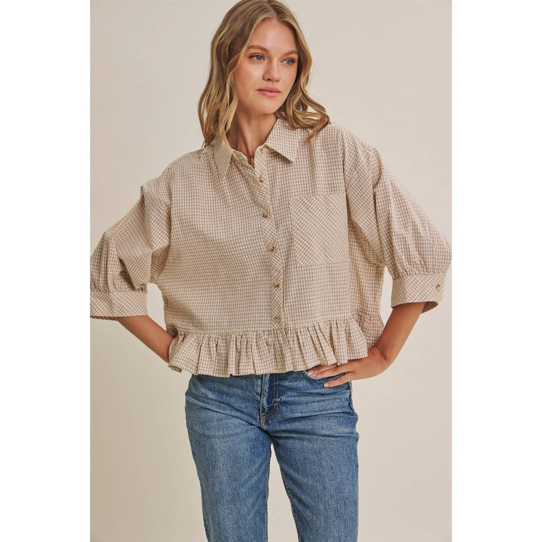 Sunday Stroll Gingham Ruffle Top - Olive
