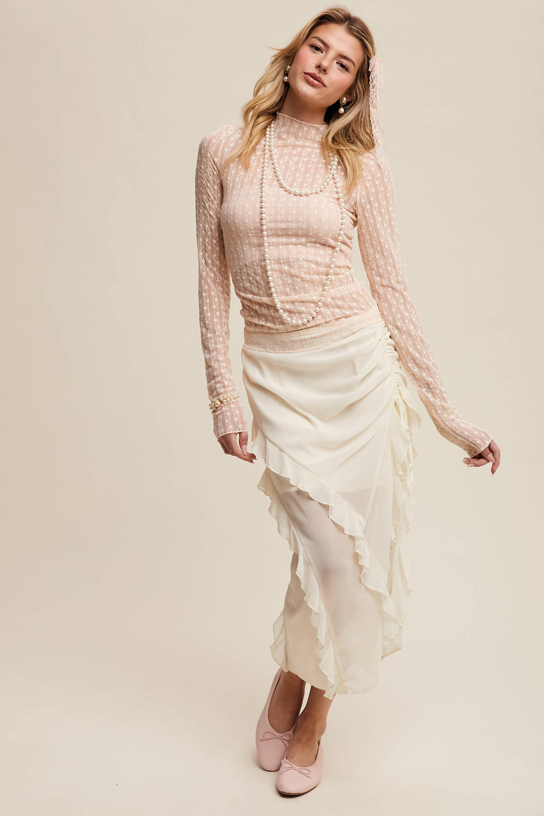 Semi Sheer Textured Lace Layering Top - Light Blush