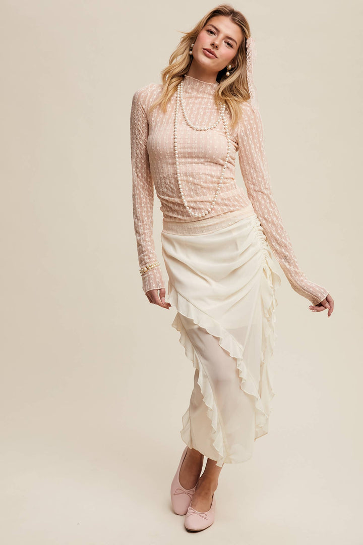 Semi Sheer Textured Lace Layering Top - Light Blush