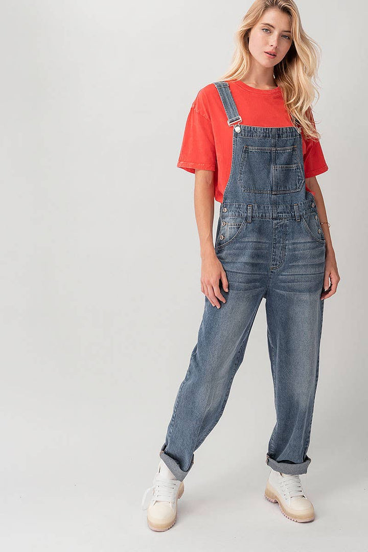 Relaxed Fit Denim Overalls Mid Wash