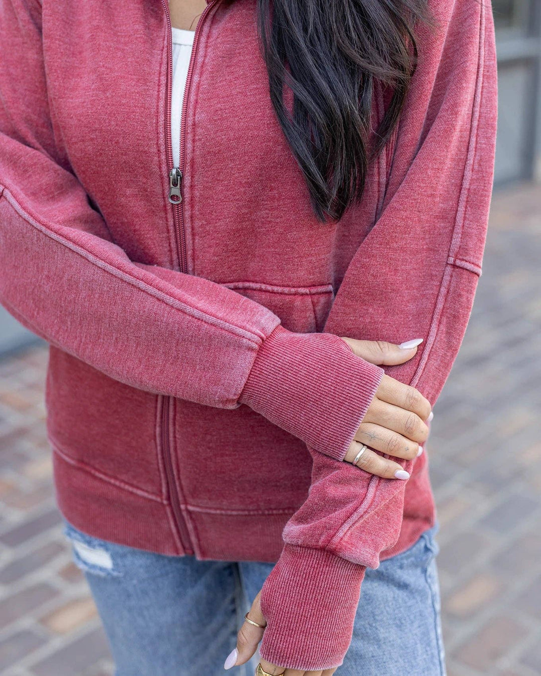 Grace and Lace Vintage Washed Zip Up Sweatshirt in Washed Red