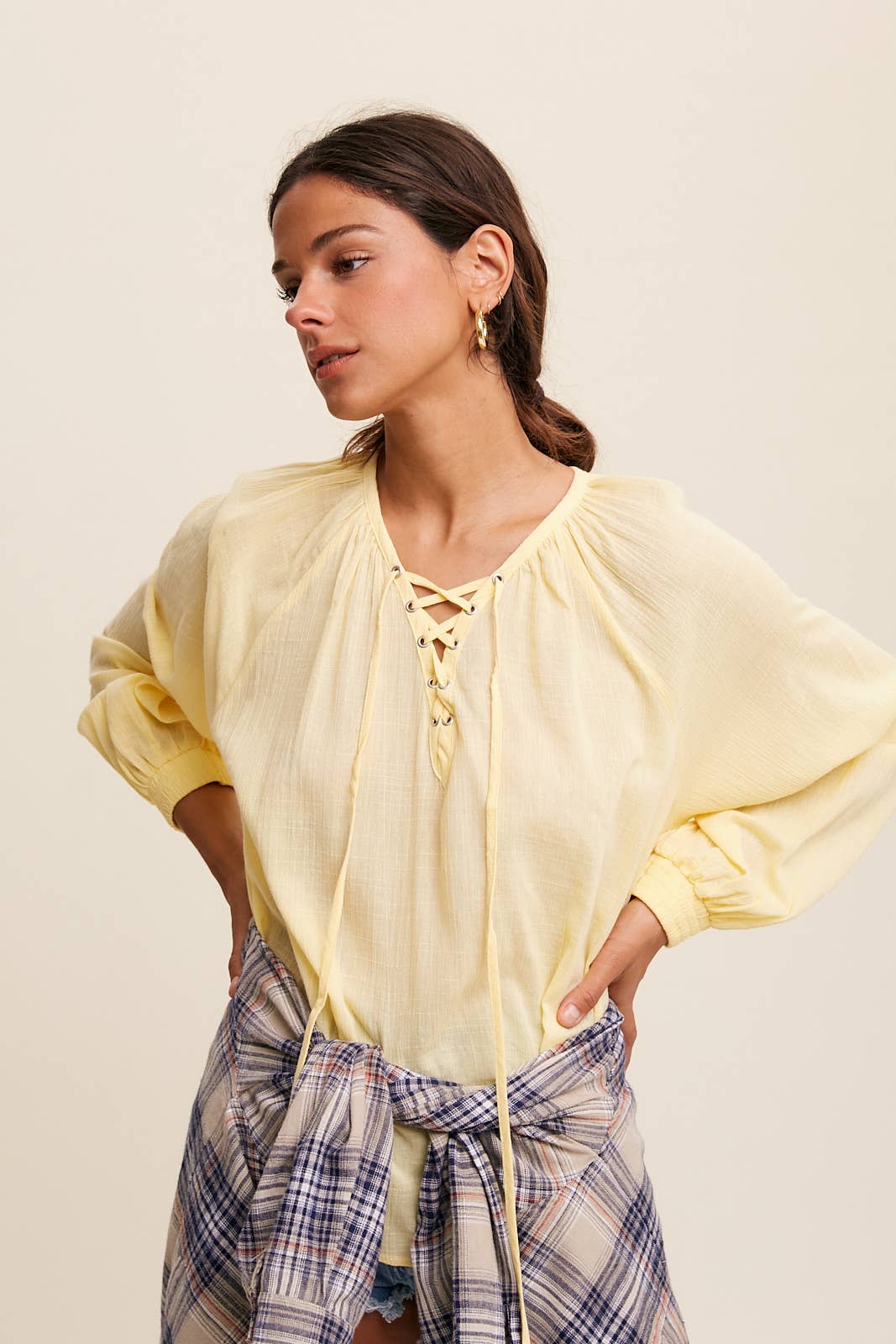 Lace-Up Gauze Peasant Blouse - Lemon Vanilla