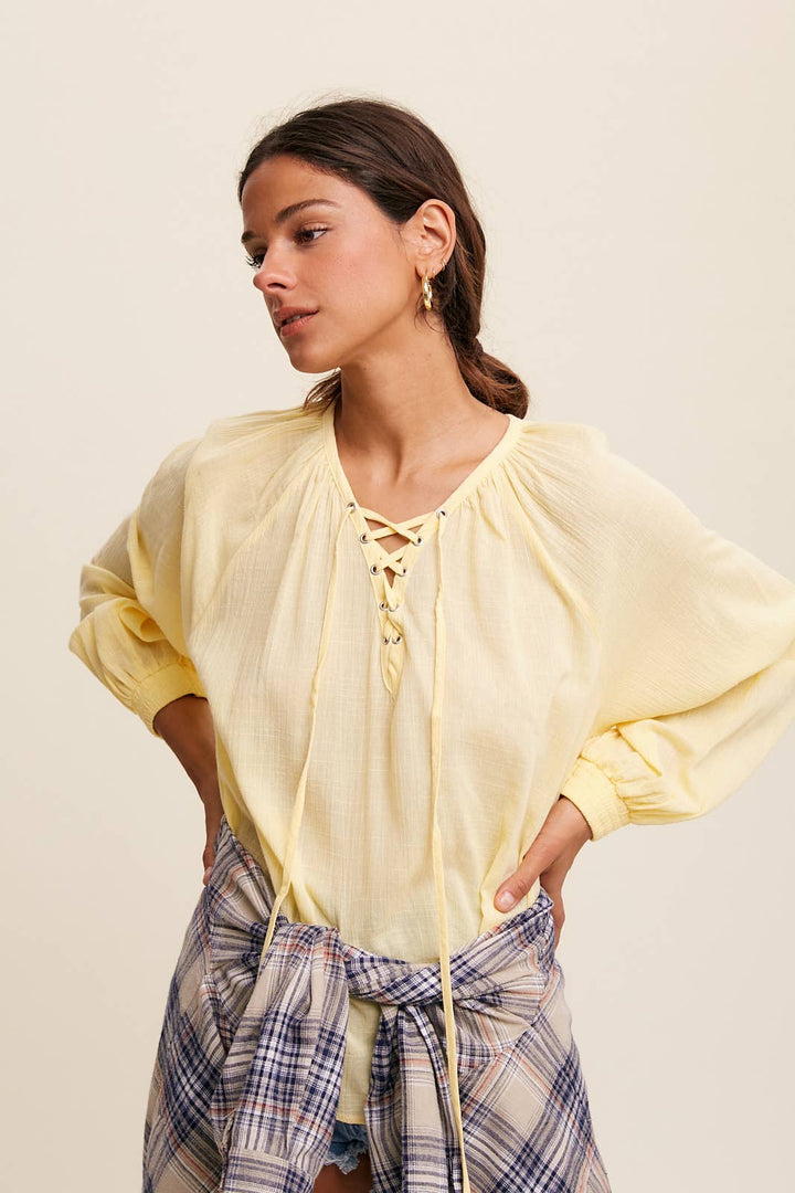 Lace-Up Gauze Peasant Blouse - Lemon Vanilla