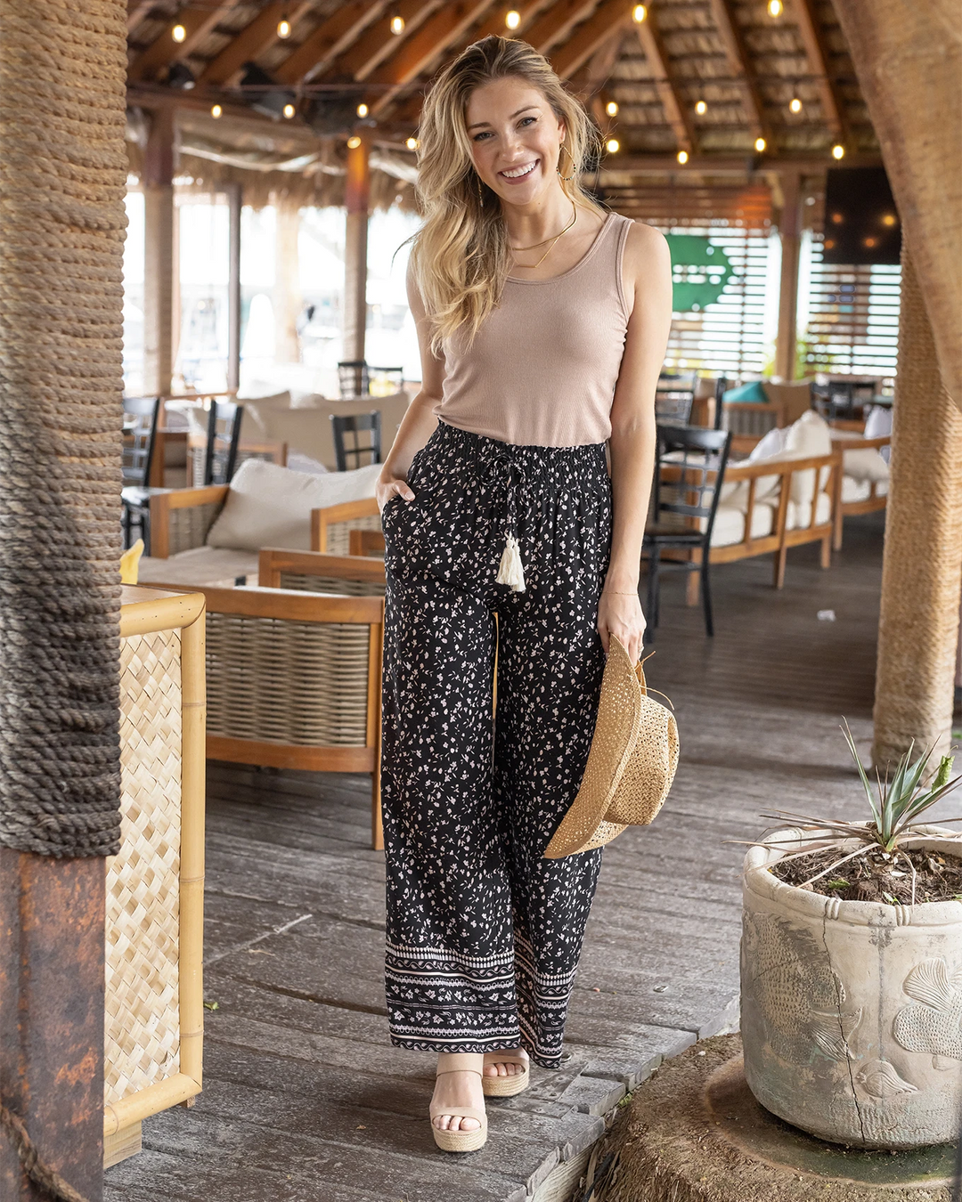 Grace and Lace Floral Print Wide Leg Pants in Black