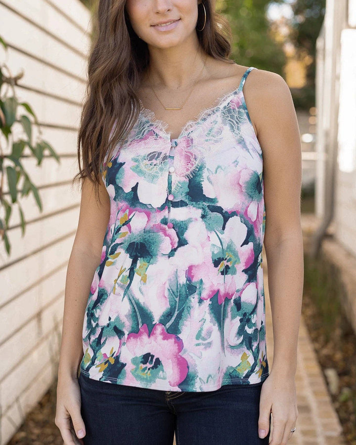 Button Lace Trim Cami in Watercolor Floral