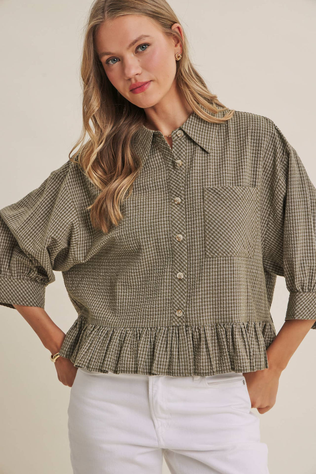 Sunday Stroll Gingham Ruffle Top - Olive