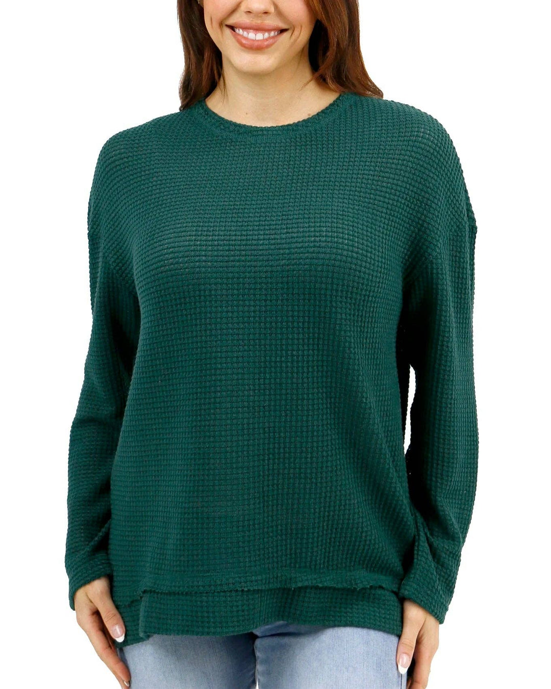 Slouchy Waffle Pullover in Emerald