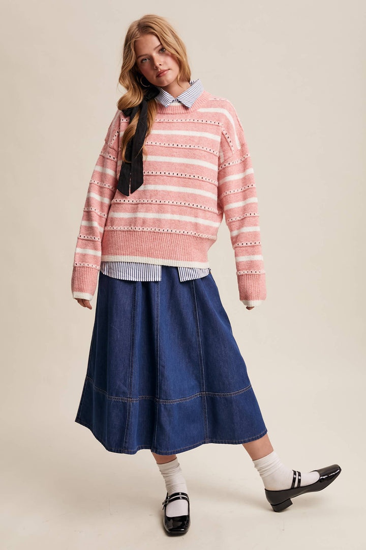 Striped Open-Stitch Pullover Sweater in Light Coral