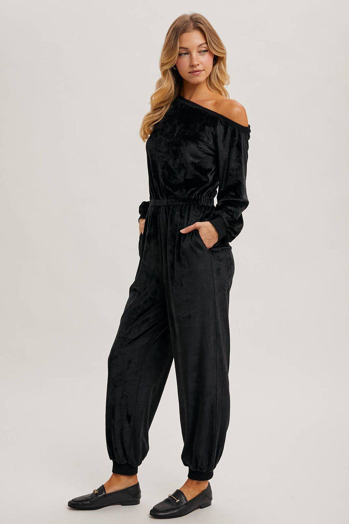 VELVET ONE SHOULDER BOAT NECK JUMPSUIT