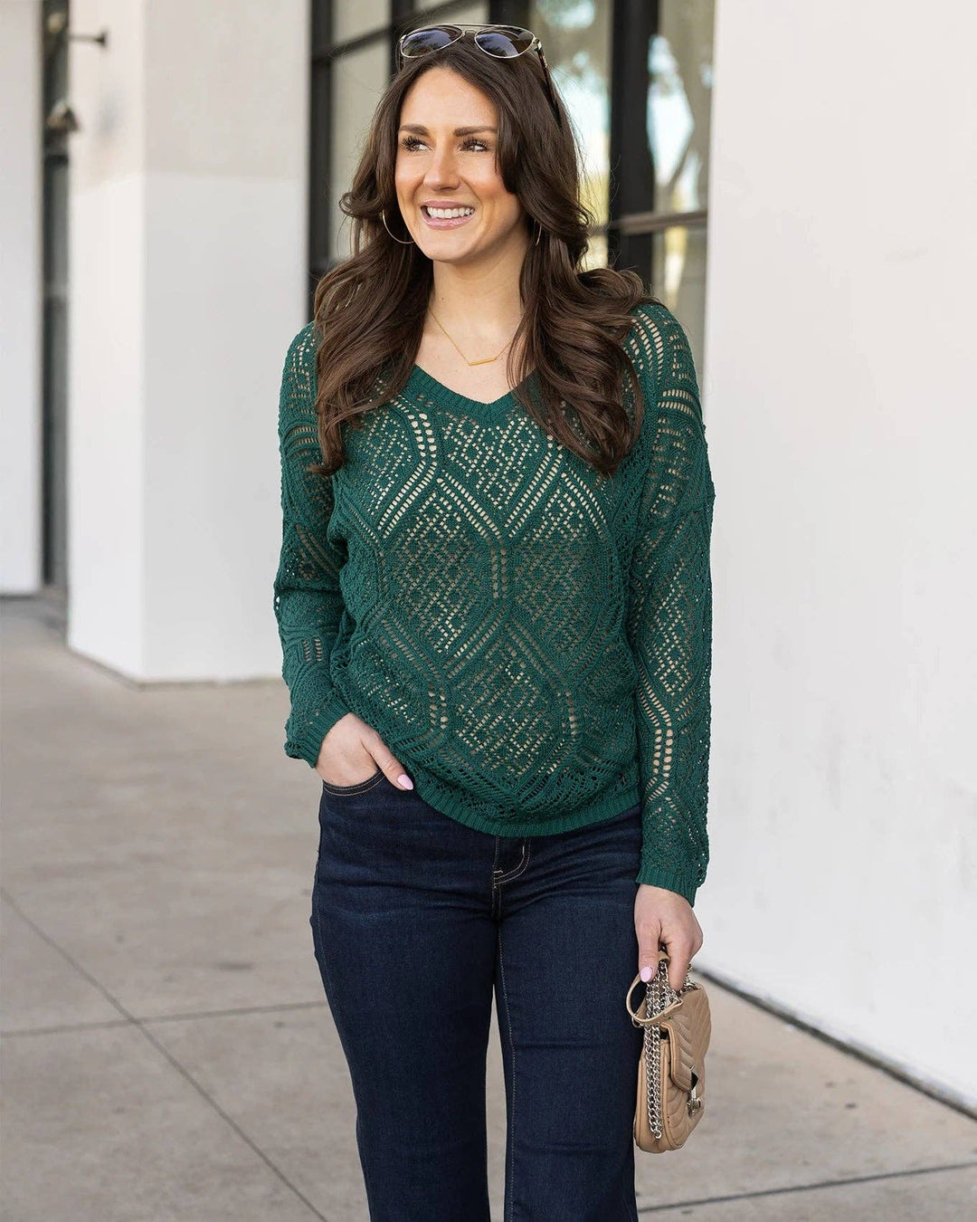 V-Neck Pointelle Sweater in Jade Green