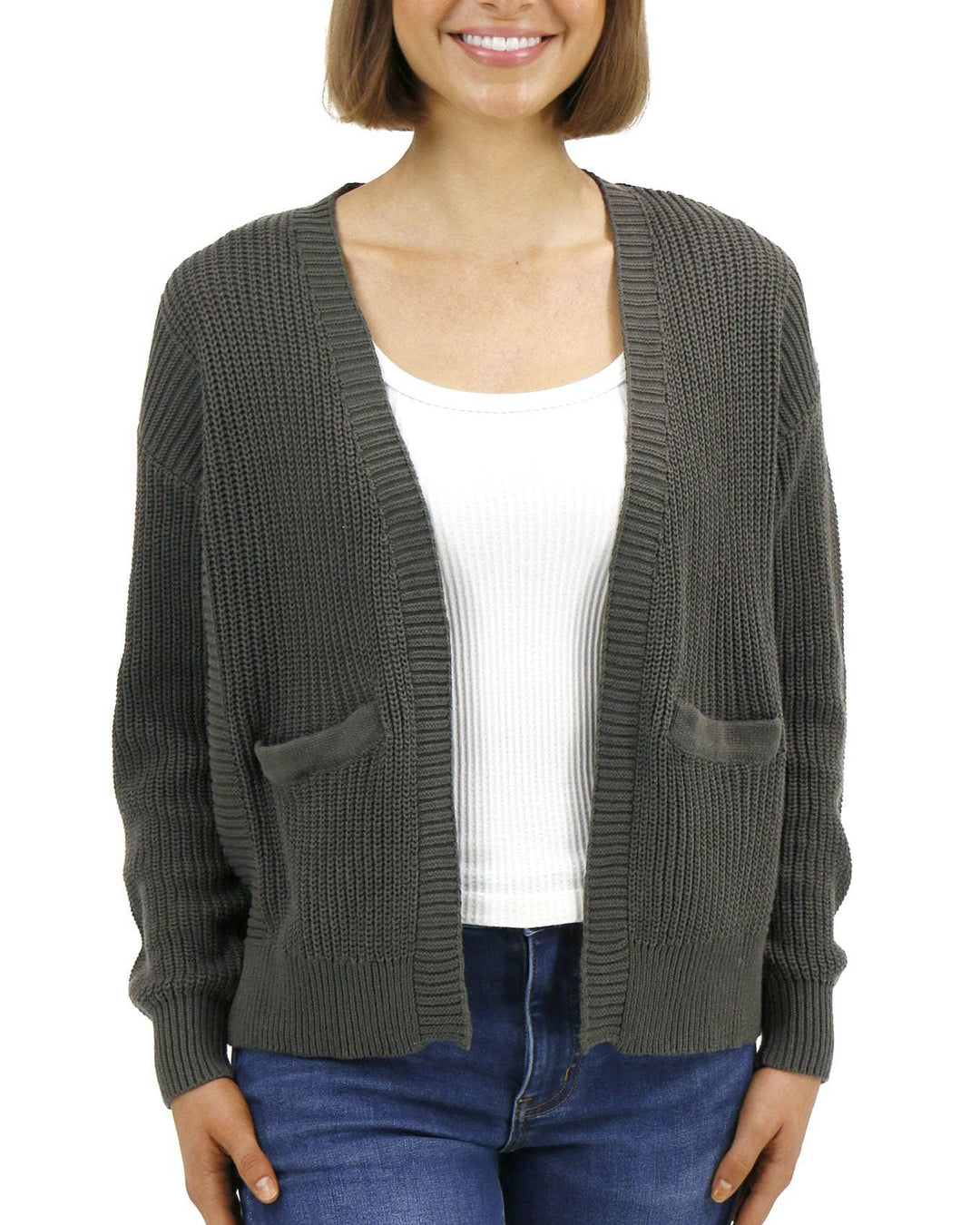 Slouchy Knit Pocket Cardigan In Deep Olive