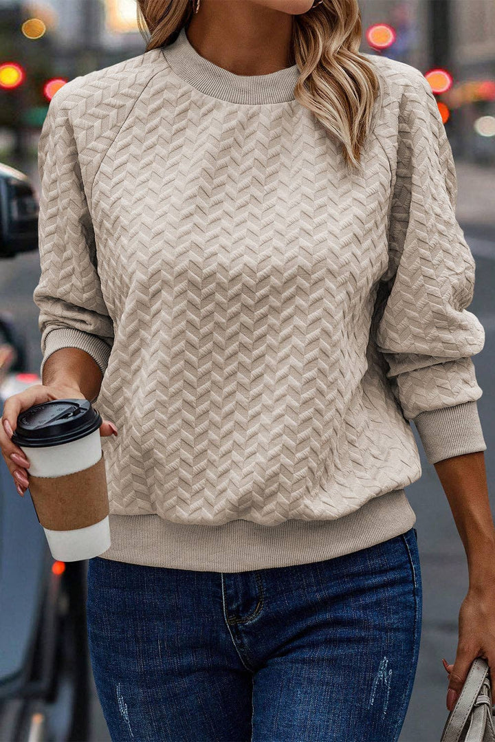 Chevron Textured Raglan Sleeve Pullover Sweatshirt - Beige