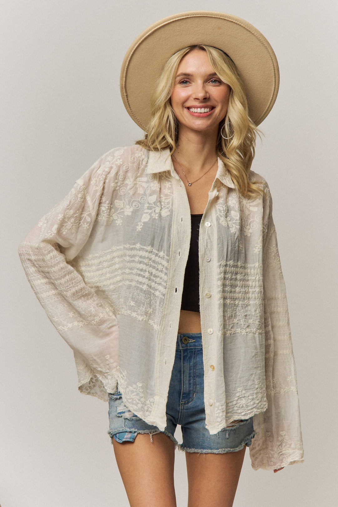 Wildflower Whispers Embroidered Sheer Button-Down