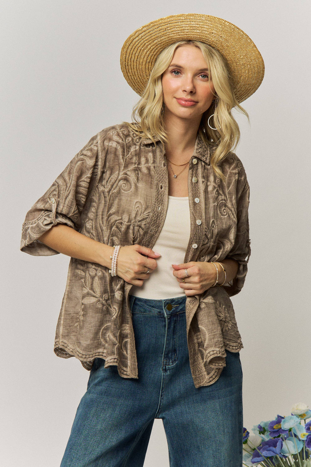 Wildflower Wanderer Mocha Button-Down Blouse