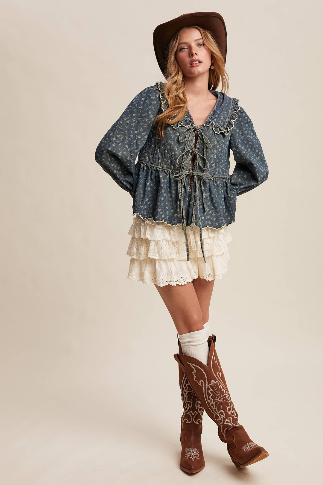 Ruffle Collar Tie-Front Denim Blouse