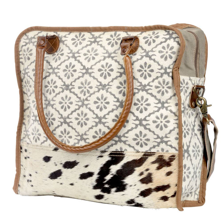 Mixed Fabrics With Cowhide Trim Tote Bag