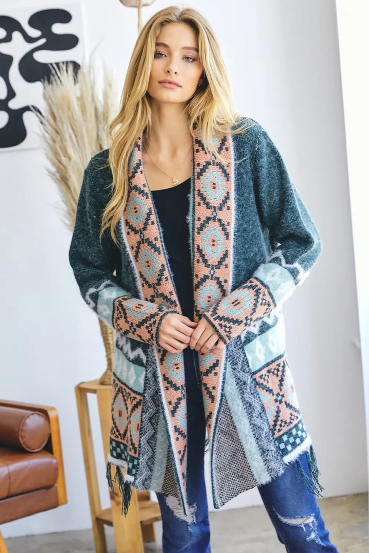 Davi & Dani  TRIBAL AZTEC PRINT LONG SLEEVE CARDIGAN- Sage