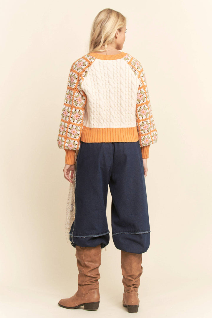 Boho Bloom Crochet Sleeve Cable Knit Sweater - Orange/Cream