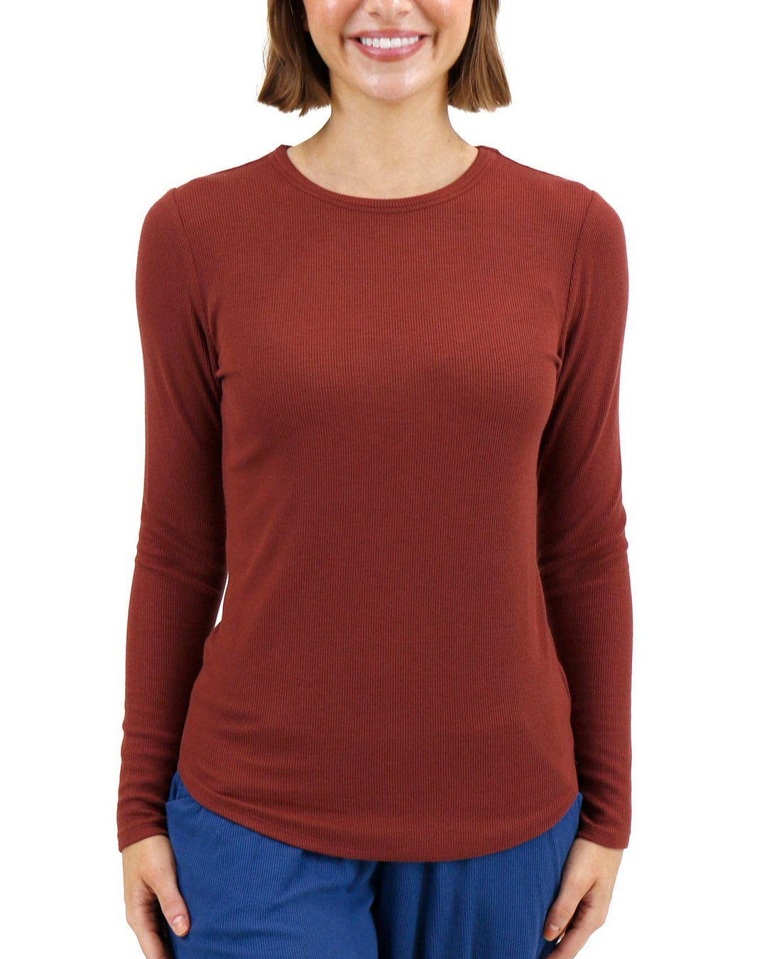 Essential Ribbed Long Sleeve Tee In Rust