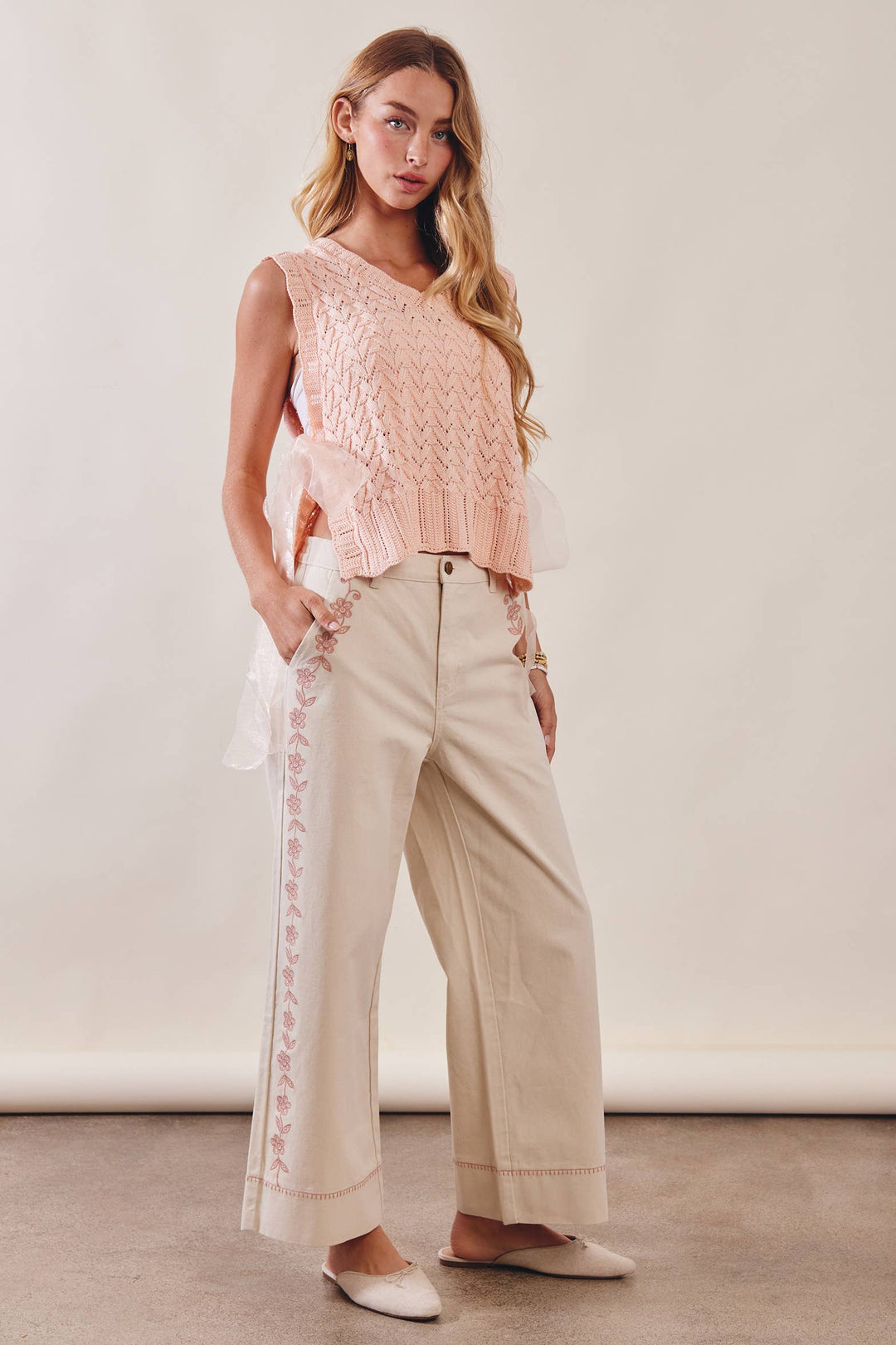 Floral Embroidered Cropped Ecru Wide-Leg Pants