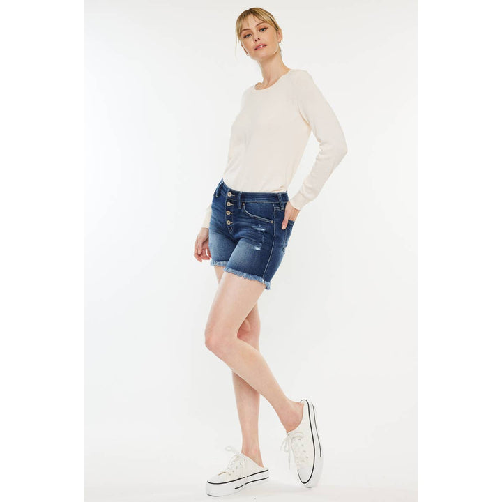 KANCAN MID RISE BUTTON UP DENIM SHORTS - Dark Wash