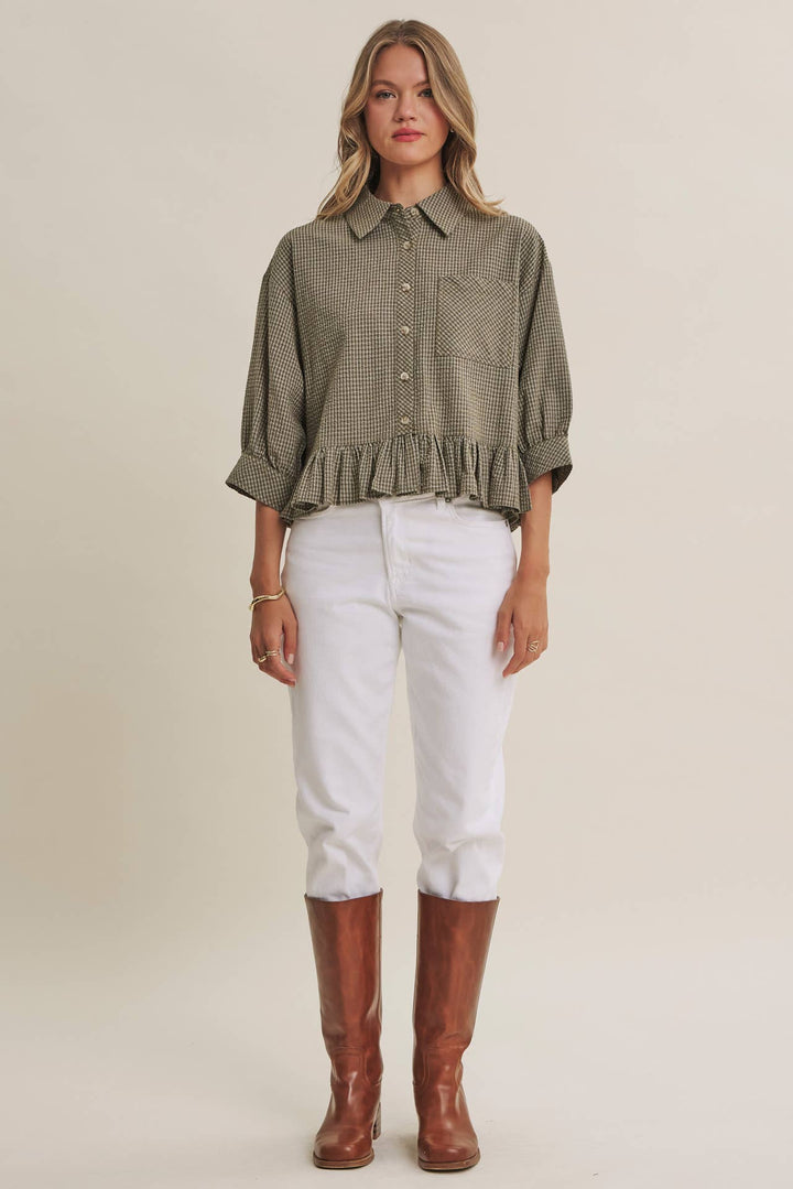 Sunday Stroll Gingham Ruffle Top - Olive