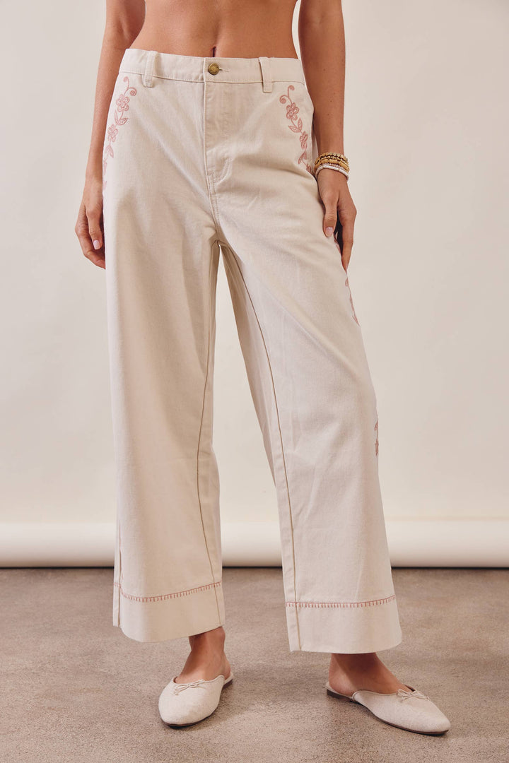 Floral Embroidered Cropped Ecru Wide-Leg Pants
