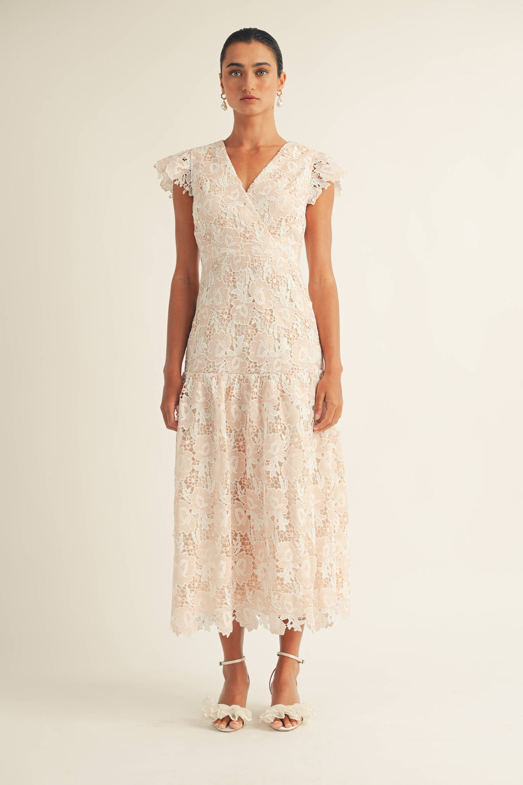 Rachael Flutter Sleeve Surplice Lace Midi Dress