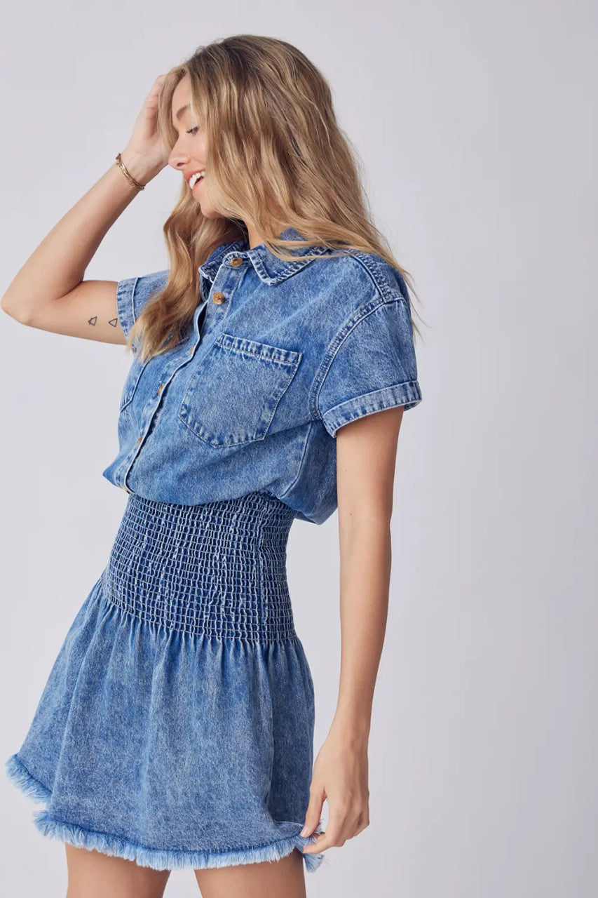 BUTTON UP SMOCKING WAIST DENIM MINI DRESS