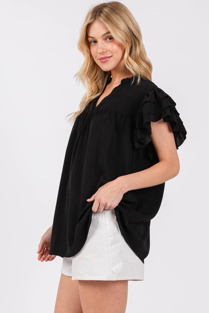 AIRFLOW OVERSIZED RUFFLE SLEEVE BLOUSE - BURGUNDY