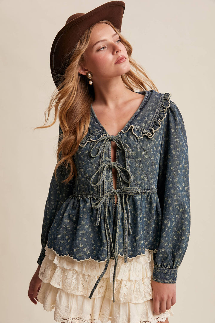 Ruffle Collar Tie-Front Denim Blouse