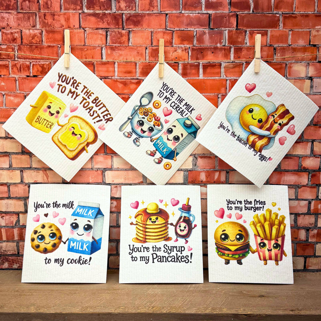 Burger & Fries Cartoon Swedish Dishcloth - Valentines Day