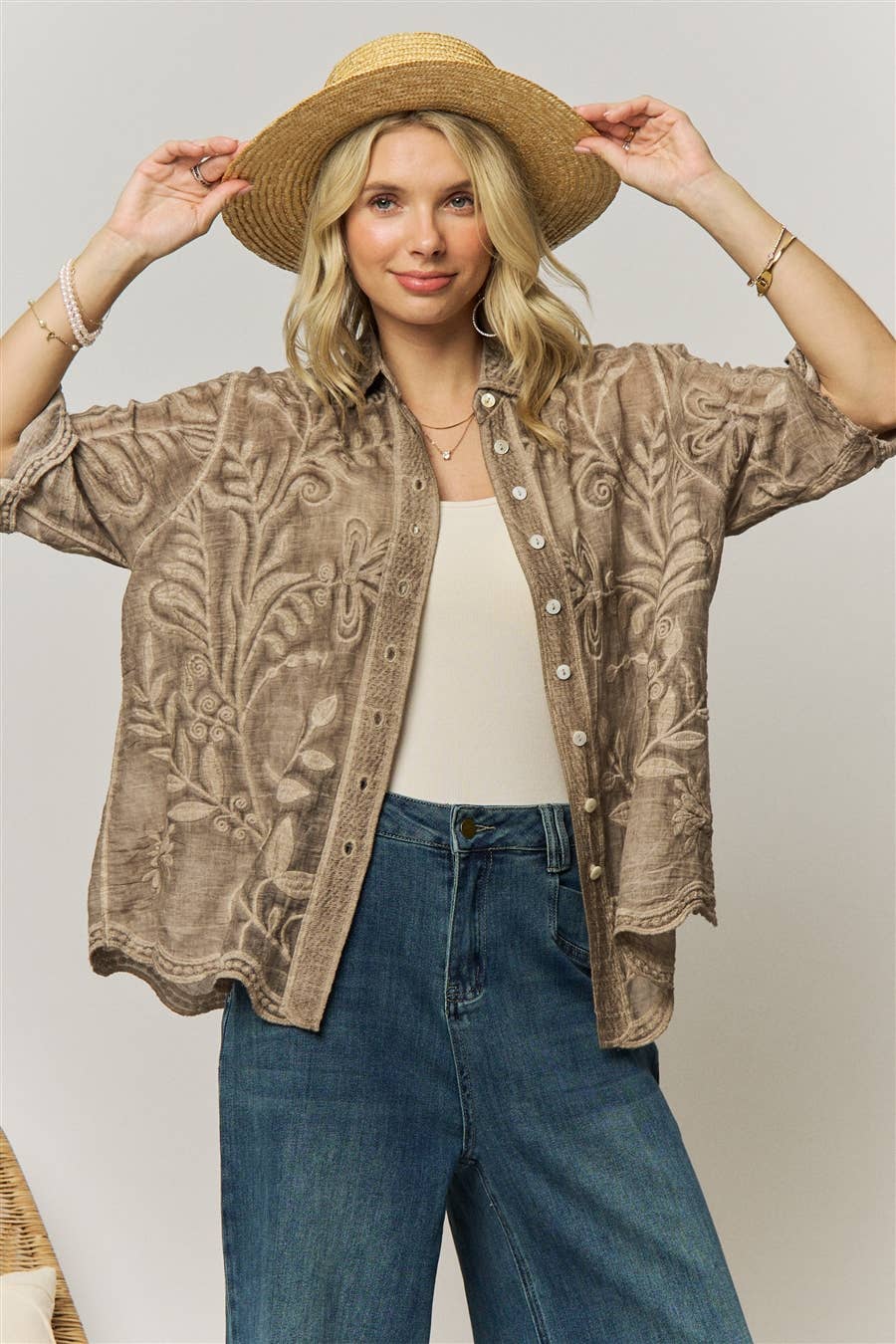 Wildflower Wanderer Mocha Button-Down Blouse