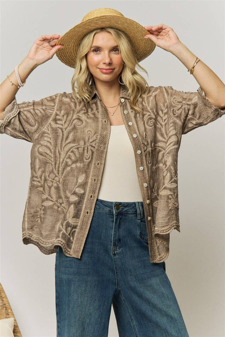 Wildflower Wanderer Mocha Button-Down Blouse