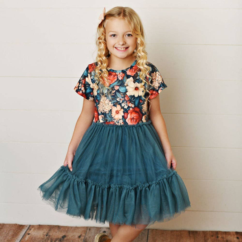 Kids Emerald Vintage Floral Tulle Fancy Spring Easter Dress