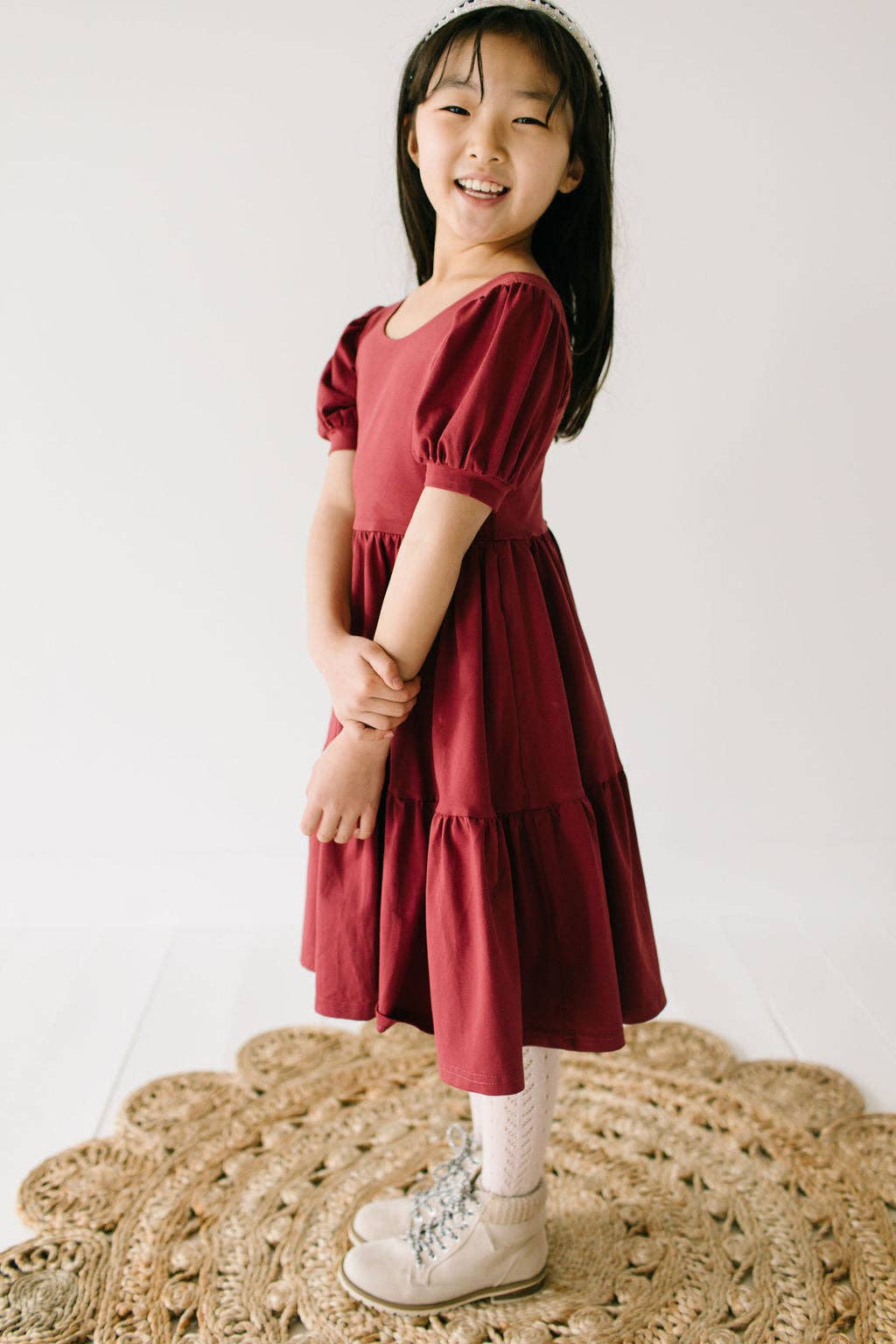 Girls' Puff Dress in Wine