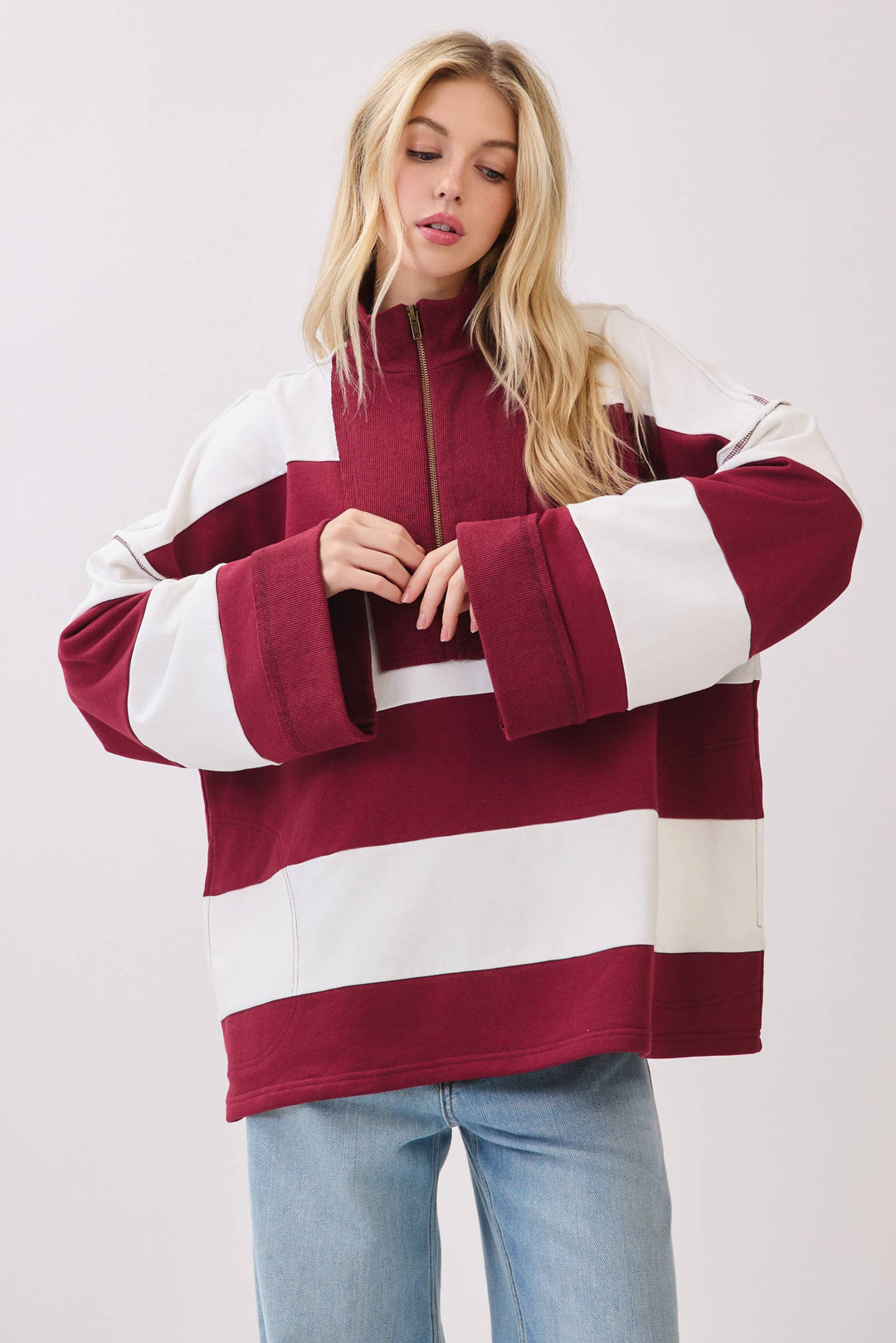 Varsity Stripe Oversized Zip Pullover - Red/Black