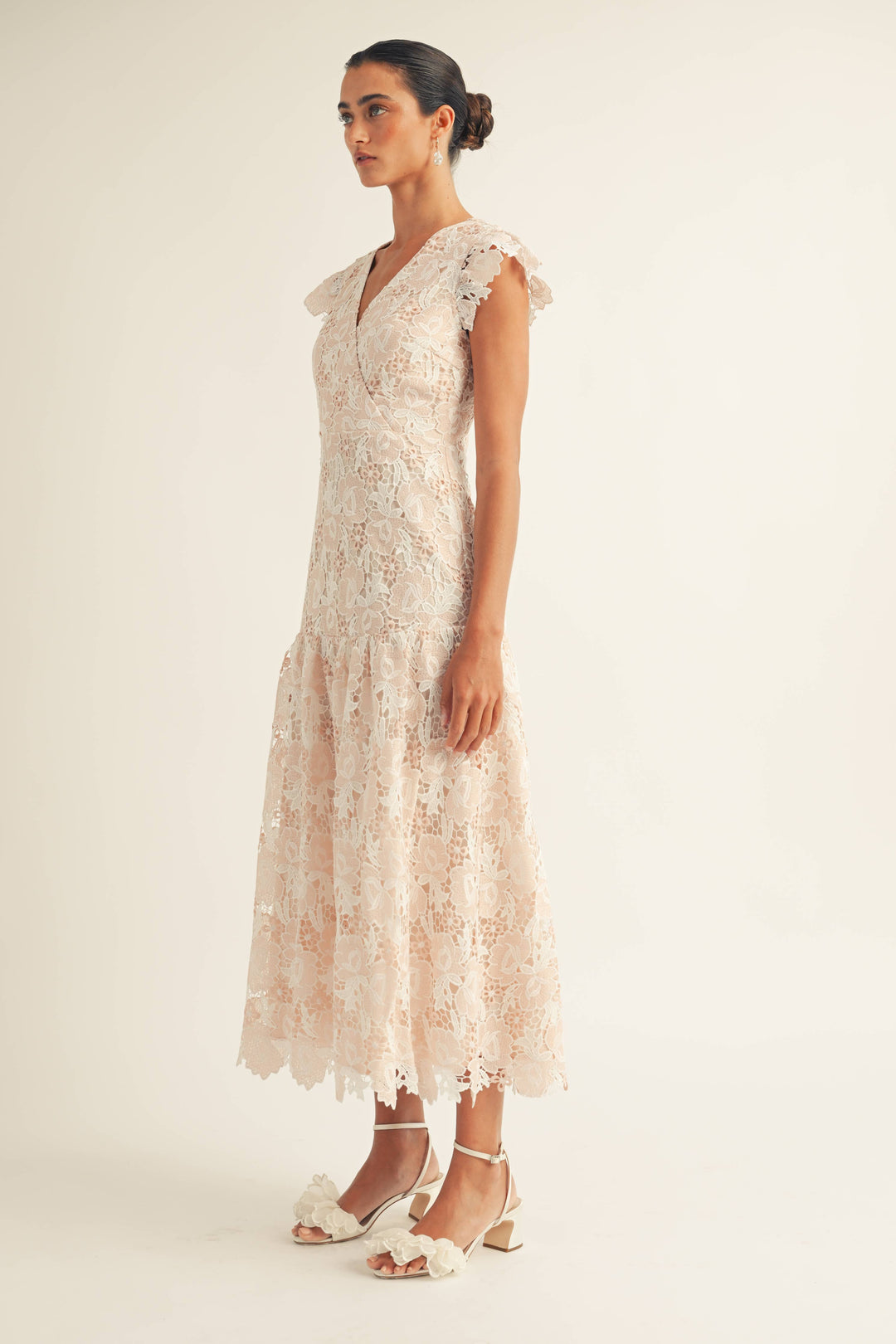 Rachael Flutter Sleeve Surplice Lace Midi Dress