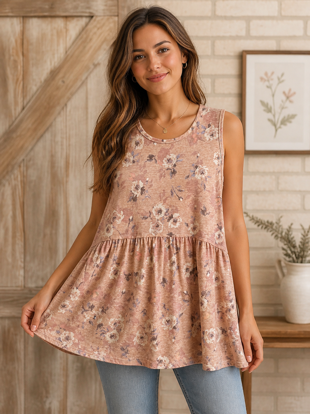 Cotton Bleu Sleeveless Babydoll Style Floral Top - (Reg & Plus)