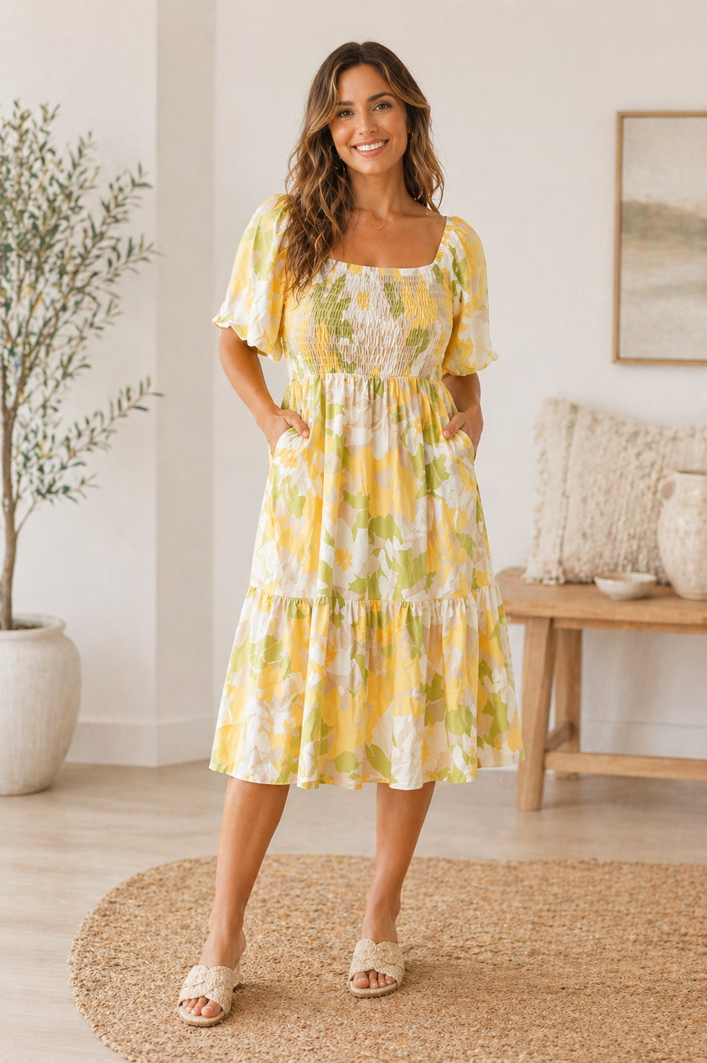 Sunlit Garden Smocked Midi Dress with Pockets