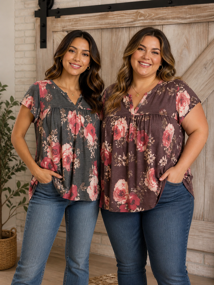 Floral Print Flowy Top with Notched Neck (2 colors)